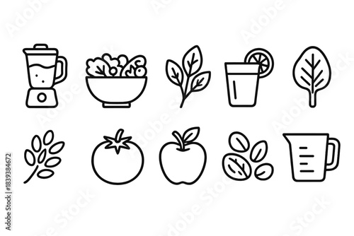 Healthy food outline icon set. Fruits, vegetables, drinks symbols collection
