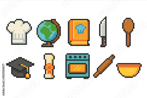 Education and cooking pixel icon set. Learning and recipe outline style graphics.