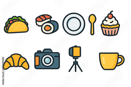 Food and beverage icon set. Flat dining, cuisine, and snack icons collection