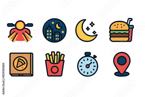Food and city flat icon set. Nightlife, fast food, delivery icons collection.
