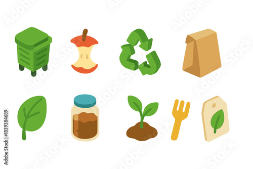 Eco-friendly, sustainability flat icon set. Recycling, green living, composting icons
