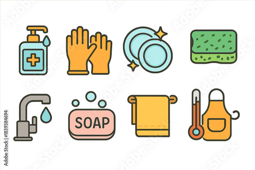 Kitchen cleaning flat icon set. Hygiene and sanitation essentials for home.