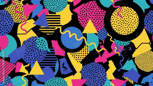 Vibrant Memphis Style Pattern with Geometric Shapes and Retro Colors for design elements