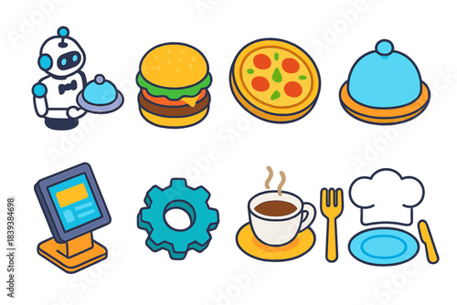 Restaurant and food icon set: 3d dining, meal, robot, chef, and menu icons