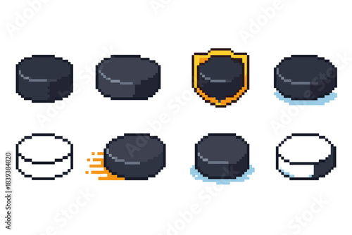 Hockey puck pixel icon set. 8-Bit sports collection in flat style