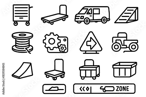Worksite Icons Collection. Worksite Transport Set linear set: tool cart, material sled, service van icon, portable ramp, cable spool, gear box, haul marker, rugged dolly, loading