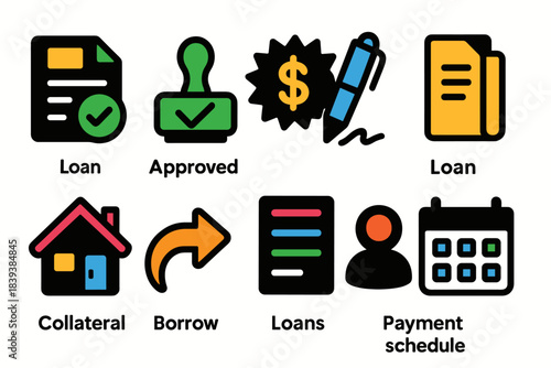Financial and banking flat icon set. Loans, payment schedule, collateral icons