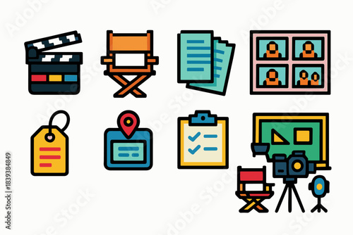 Film production flat icon set. Movie making equipment and tool symbols collection