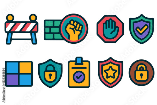 Security and firewall flat icon set. Protection, safety, shield illustrations collection.