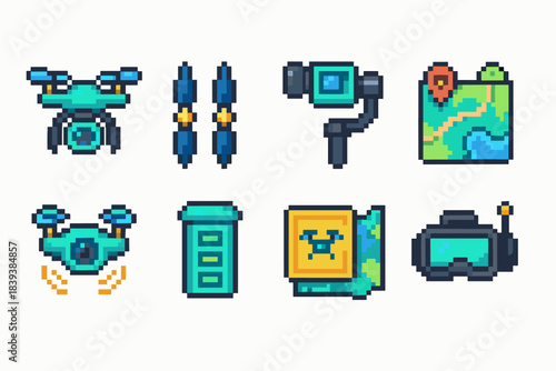 Drones and maps pixel art icon set. Explore gps technology with pixel precision