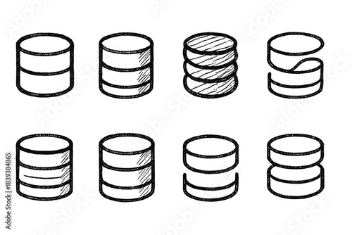 Database technology icon set. Hand-drawn style for data management