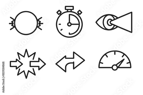 Stress Icons in Outline. Stress-Induced Decision States linear set: tension ring, urgency timer, narrowed focus cone, conflict burst icon, forced-choice arrow, stress meter.