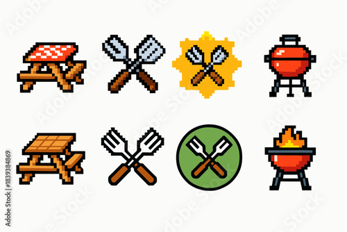 Barbecue, cooking flat icon set. Grilling, bbq equipment icons collection