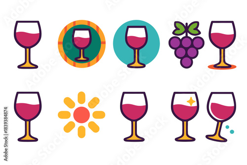 Wine and grape flat icon set. Vineyard, drink, glass, summer icons collection