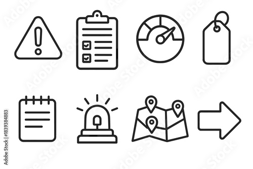 Emergency Icons Set. Emergency Assessment Set linear set: hazard triangle, situation report sheet, risk level gauge, priority tag, field notes card, status beacon, assessment map,