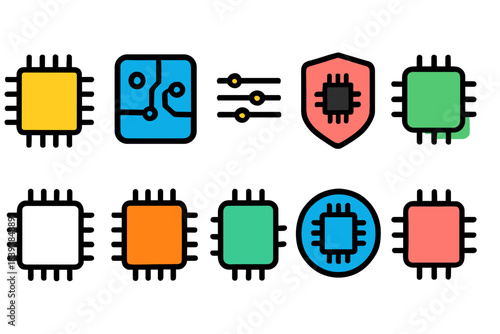 Computer chip flat icon set. Technology, electronics microchip flat icons collection.