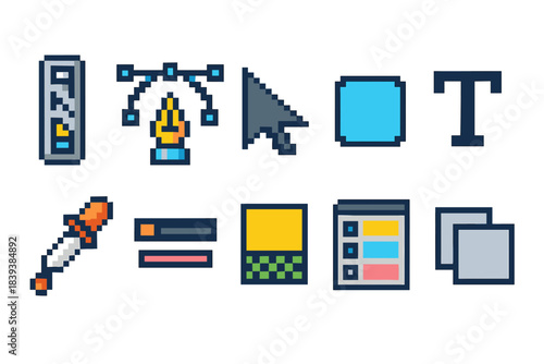 Graphic design tools icon set in pixel art. Editing, vector, layout, typography 8-bit style.