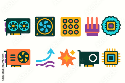 Computer hardware flat icon set. Pc components, hardware elements flat collection