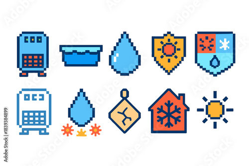 Weather protection solid icon set. Climate, shield, and temperature symbols collection