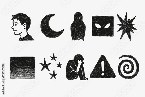 Anxiety and fear silhouette icon set. Stress, mental health icons collection