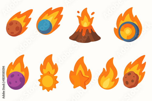 Fire and flame flat icon set. Burning elements, hot symbols flat collection