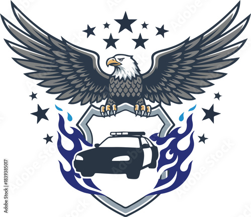 Eagle emblem with police car and flames symbolizing protection and justice