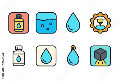 Water and oil outline icon set. Droplets, bottles, and machinery linear collection