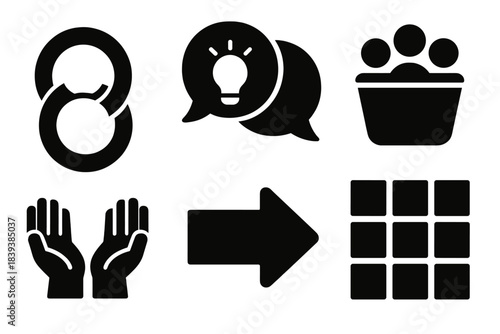 Brutalist Synergy Icons. Team Synergy Tools silhouette set: synergy ring, idea exchange bubble, resource pool icon, momentum arrow, support hands, cohesion grid.