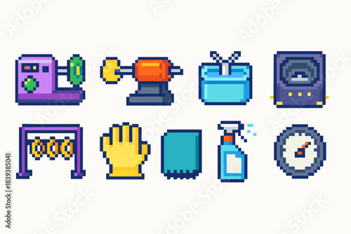 Sewing and craft pixel icon set. Stitching, crafting, and tools flat design