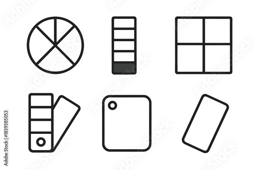 Color Palette Icons. Palette Selection Set linear set: hue wheel slice, shade strip, tint block, contrast bar, muted tone chip, vibrant swatch.