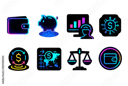 Finance and cryptocurrency icon set. Neon, digital currency icons filled collection