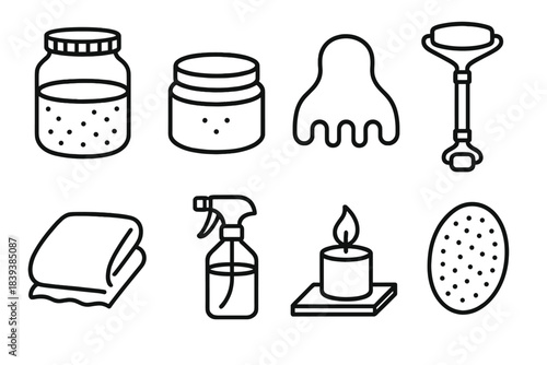 Spa Accessories Icons. Relaxation spa accessories linear set: soak jar, scrub pot, massage tool, cooling roller, spa towel, scent spritzer, candle tile, exfoliation pad.