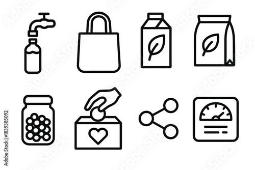 Eco-Friendly Icons. Everyday Responsible Choices linear set: tap water bottle, reusable tote, plant-based option, low-waste pack, pantry jar, donate box, sharing symbol, energy
