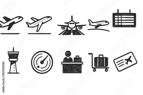 Airport and travel outline icon set. Aviation, flight, luggage, boarding, ticket symbols.