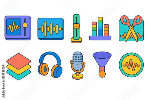 Audio editing flat icon set. Sound, music tools, editing software vector icons.