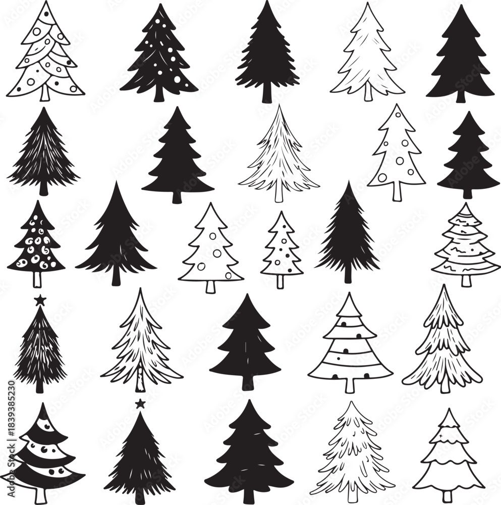 Obraz premium Hand Drawn Festive Christmas Tree Doodle Collection for Holiday Winter Design Elements