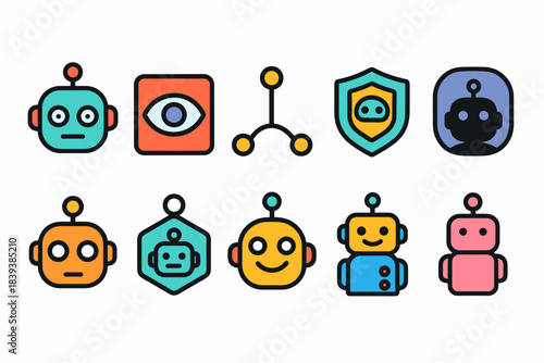 Robot, technology flat icon set. Cute, colorful robot faces and technology icons
