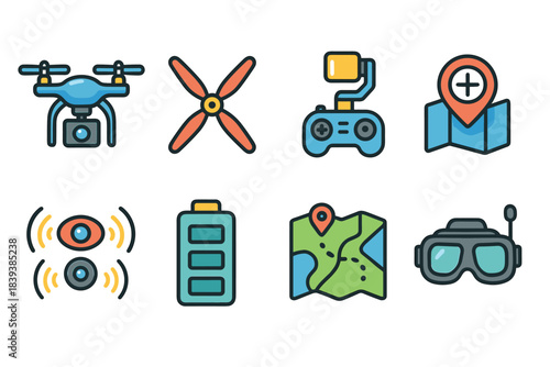 Drone, technology flat icon set. Remote control, aerial photography icons collection