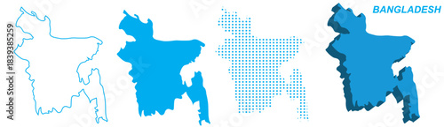Bangladesh Map Vector Set, South Asia Outline Silhouette Dotted 3D Solid Shapes, Bangladesh Country Infographic Template, Editable EPS Bangladesh Geography