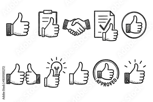 Approval, business doodle icon set. Thumbs up, checklist outline vector icons collection.