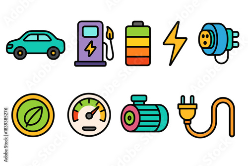 Electric vehicle flat icon set. Charging, energy, electric car symbol collection