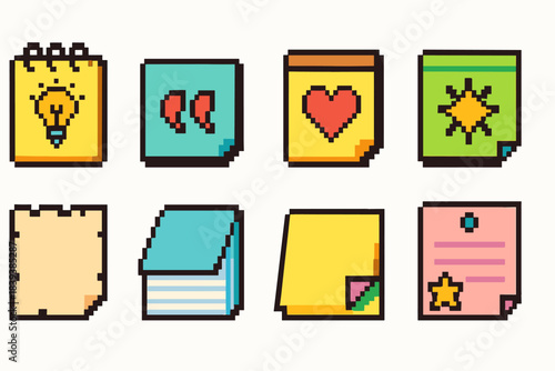 Office and stationery pixel icon set. Retro office tools in pixelated style collection
