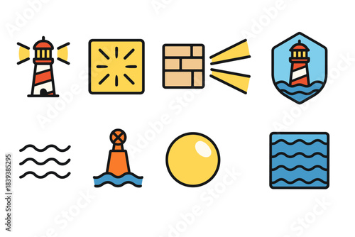 “Nautical, marine flat icon set. Lighthouse, waves, navigation icons flat collection”