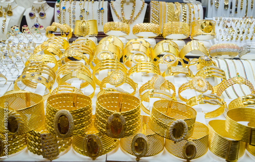 Gold Jewelry at store window display showcase in Istanbul, Turkey.