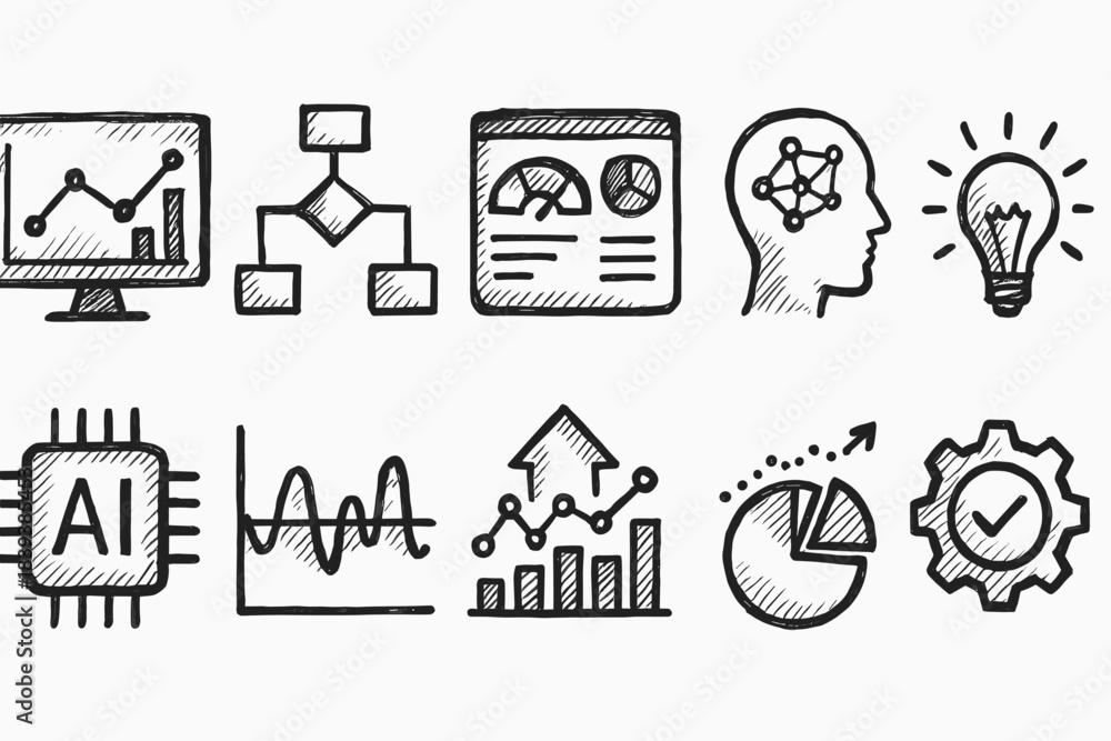 Fototapeta premium Data analysis, business sketch icon set. Analytics, data visualization icons outline collection.
