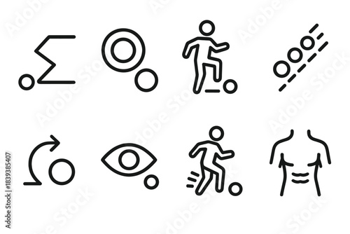 Agility Training Icons. Agility Ball Mastery Set linear set: zig-zag path, control rings, balance silhouette, rapid tap sequence, angle shift arrow, ball-tracking eye, rhythmic