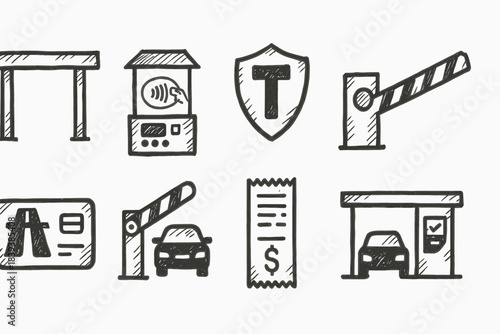 Toll, parking doodle icon set. Sketch-style icons for transportation and payment.