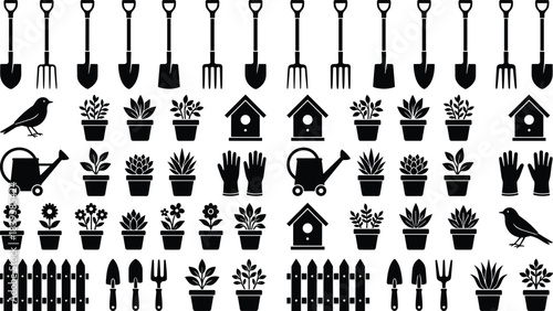 Vector collection of gardening silhouettes including shovels, rakes, potted plants, birdhouses, watering cans, fences, gloves, and birds for spring design.