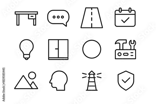 Minimalist Focus Icons. Minimal Distraction Habits linear set: clear-desk slab, muted alerts bubble, single-focus lane, routine anchor tile, calm-light orb, quiet surroundings bar,