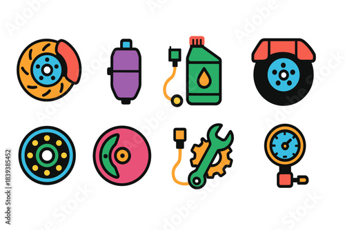 Automotive repair flat icon set. Car maintenance, tools, parts essentials in flat design